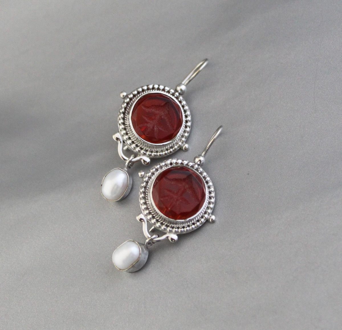 Red Glass Intaglio Earrings, Victorian Statement, 925 Sterling Silver, photo 7