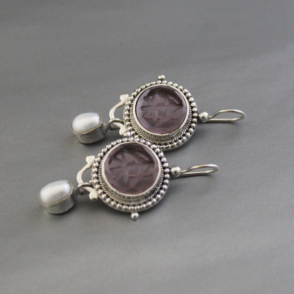 Purple Intaglio Earrings, Grand Tour Art Deco Style, 925 Sterling Silver