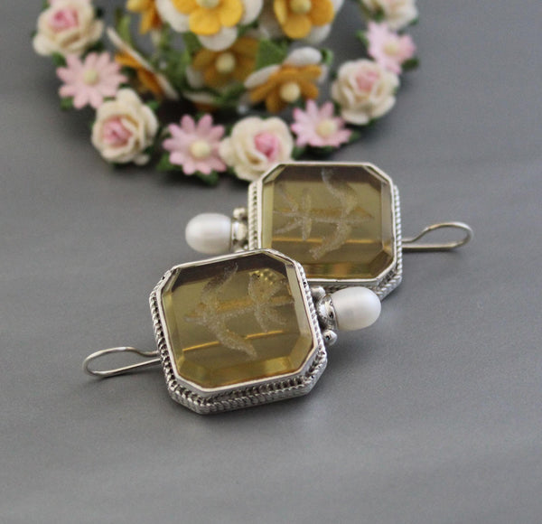 Yellow Glass Intaglio Earrings, Victorian Style, Brass