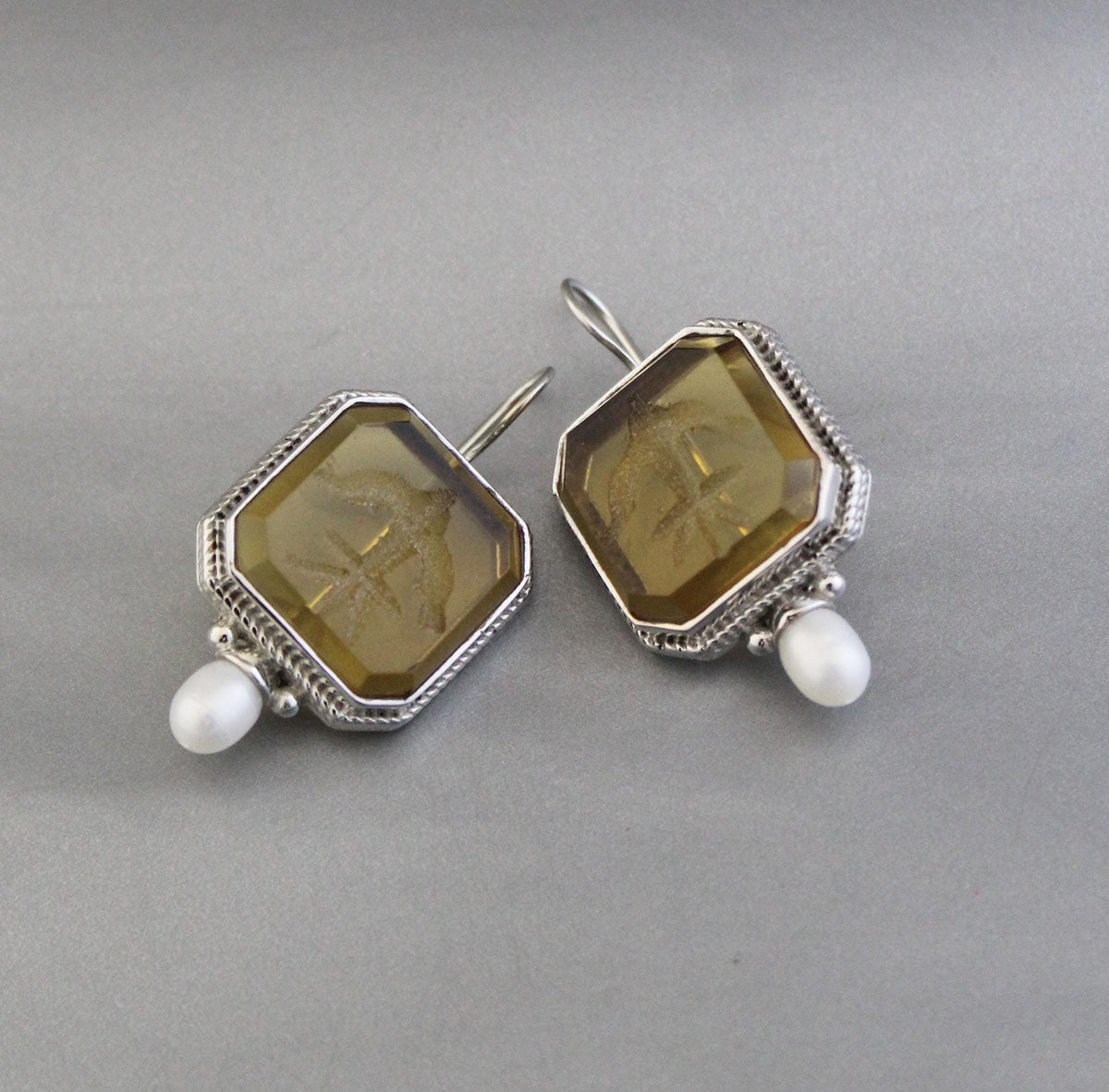 Yellow Glass Intaglio Earrings, Victorian Style, Brass, photo 7