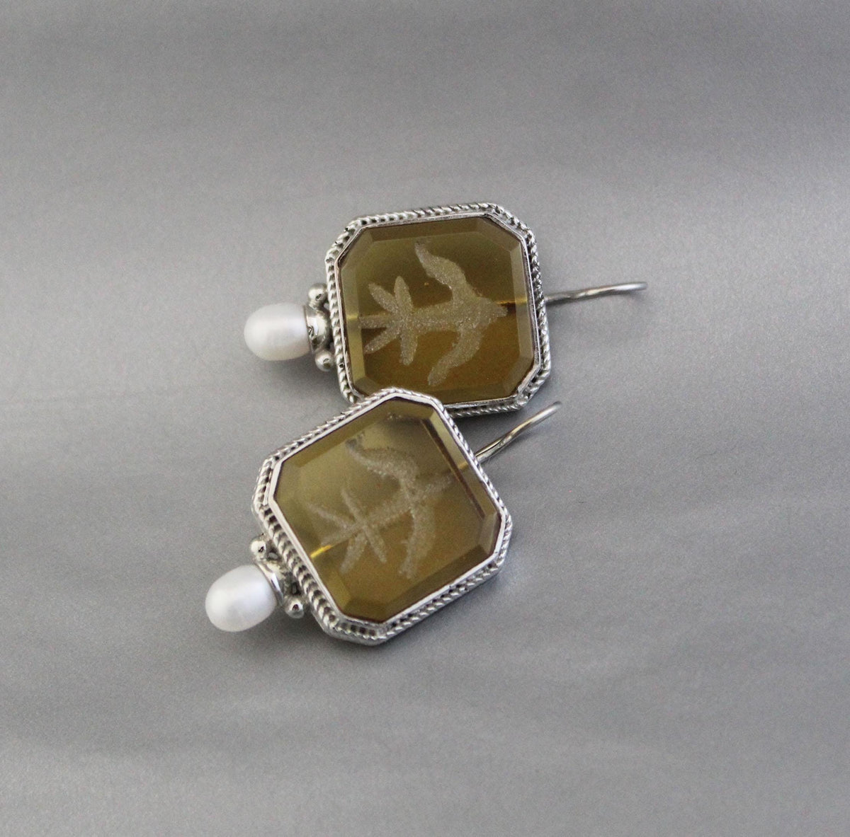 Yellow Glass Intaglio Earrings, Victorian Style, Brass, photo 6