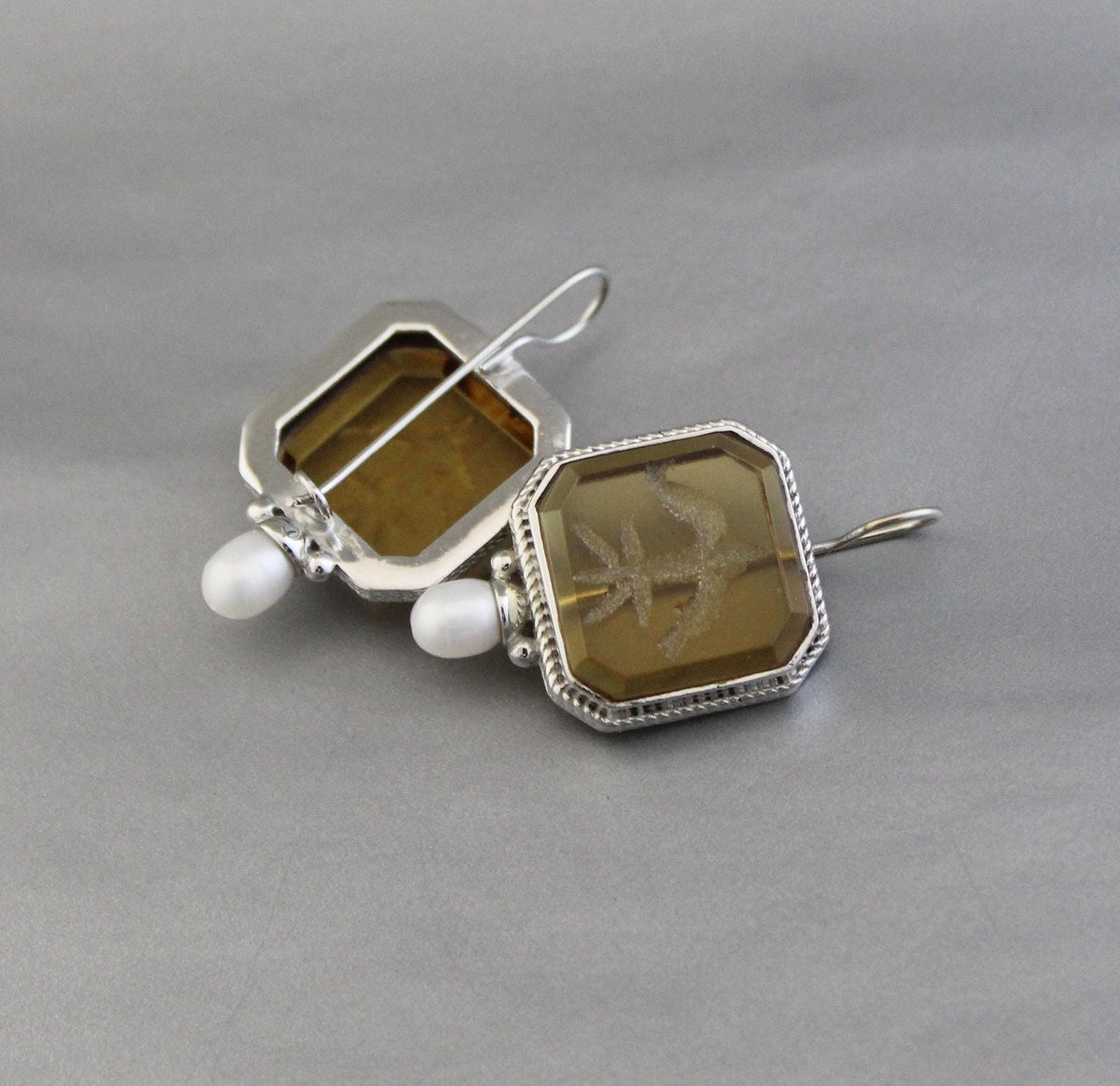 Yellow Glass Intaglio Earrings, Victorian Style, Brass, photo 2