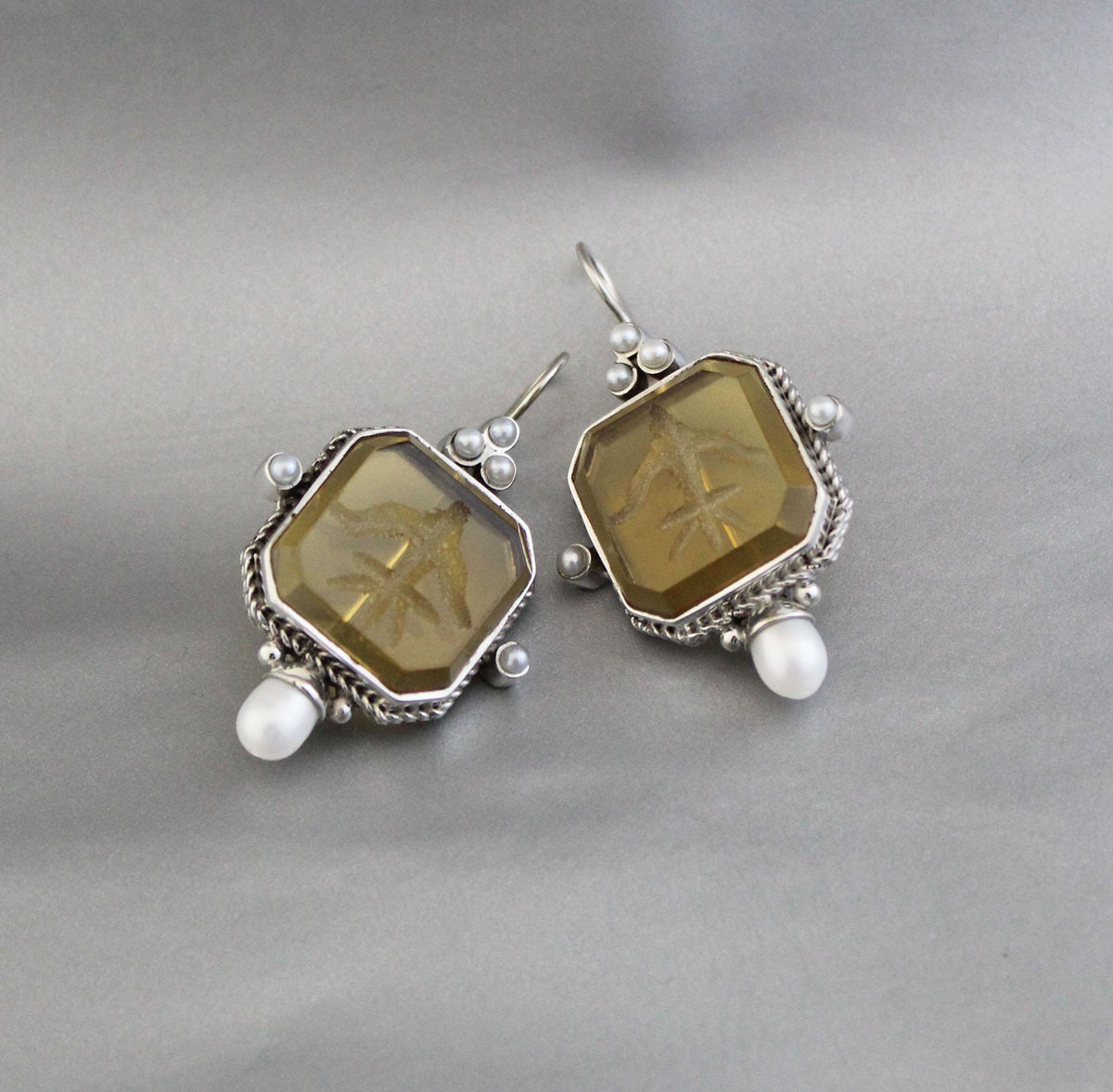 Yellow Glass Intaglio Earrings, Grand Tour Art Deco Style, photo 7