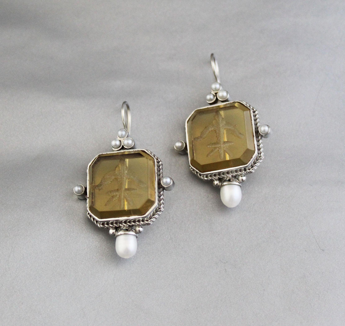 Yellow Glass Intaglio Earrings, Grand Tour Art Deco Style, photo 10