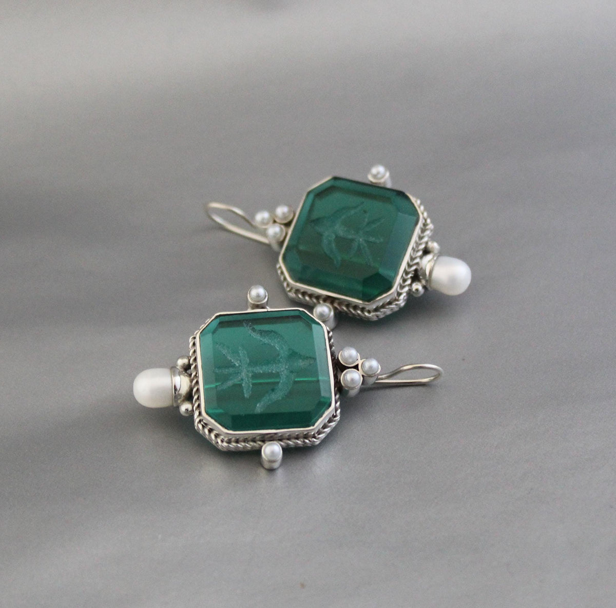 Green Intaglio Earrings, Vintage Style, 925 Sterling Silver, photo 6