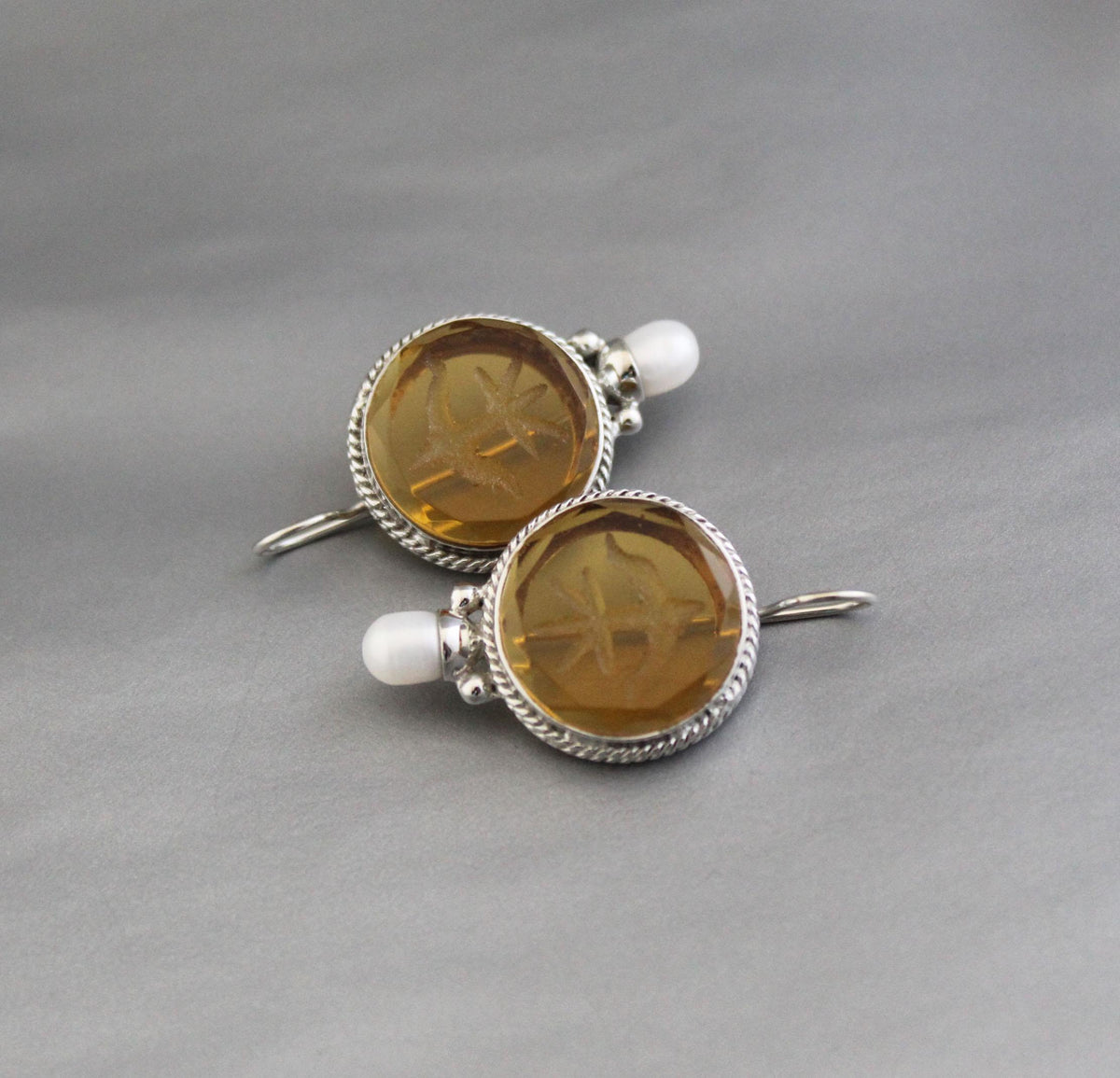 Yellow Glass Intaglio Earrings, Victorian Style, Sterling Silver, photo 10