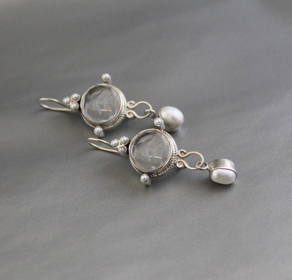 Crystal Quartz Intaglio Earrings, Glass Cameo, 925 Sterling Silver, photo 5