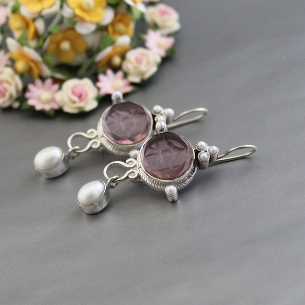 Purple Quartz Intaglio Earrings, Crystal Dangles, 925 Sterling Silver