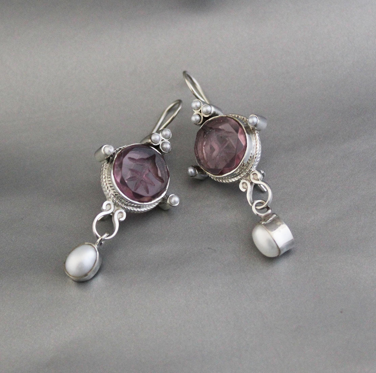 Purple Quartz Intaglio Earrings, Crystal Dangles, 925 Sterling Silver, photo 8