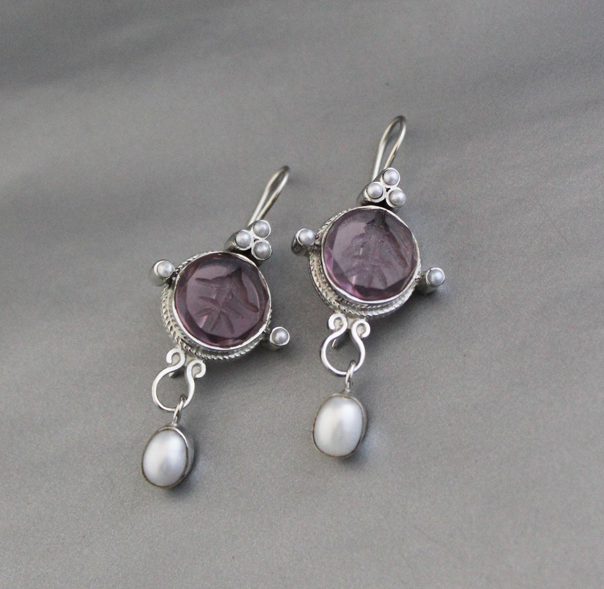 Purple Quartz Intaglio Earrings, Crystal Dangles, 925 Sterling Silver, photo 2