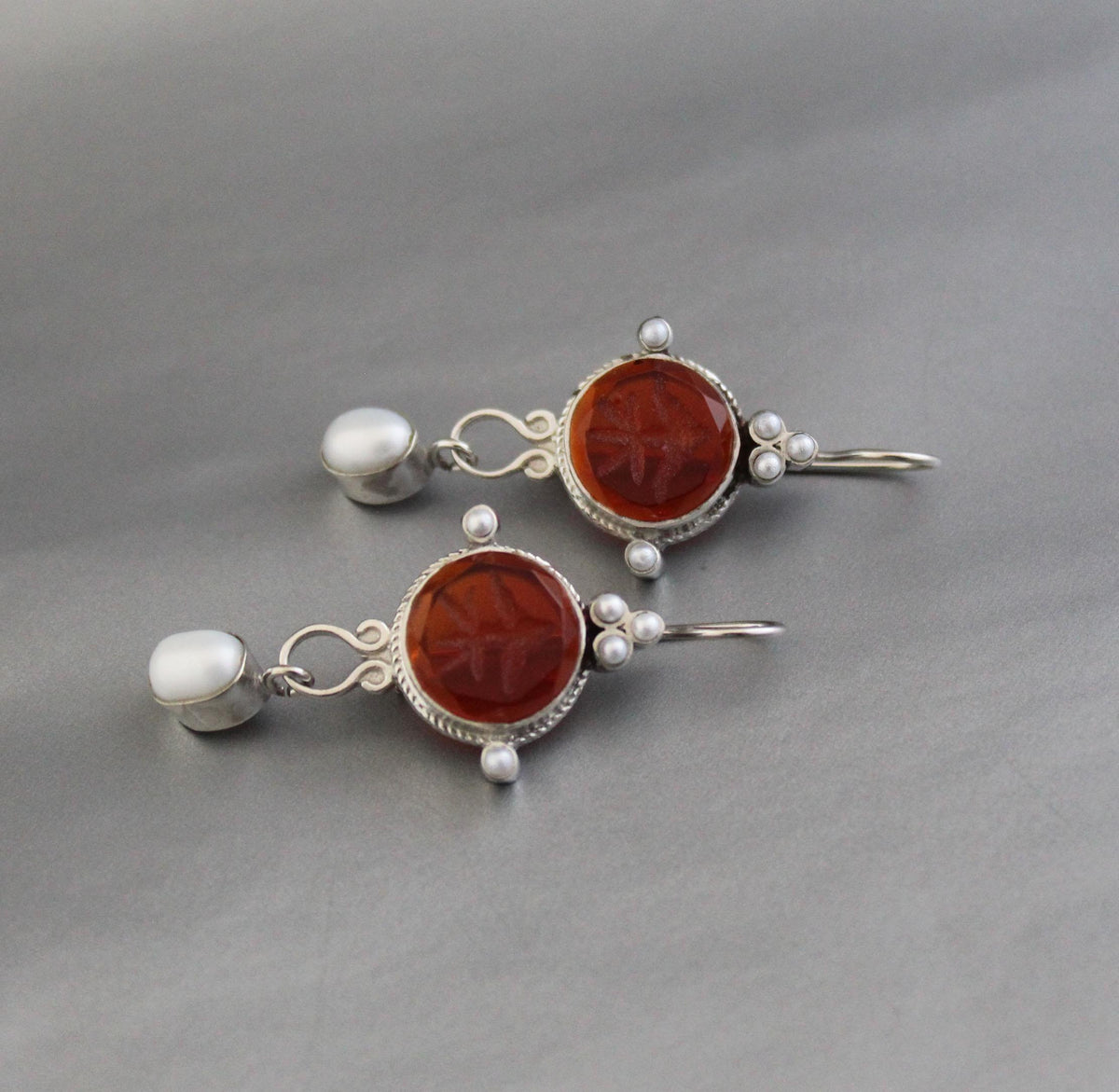 Red Fleur-de-lis Intaglio Earrings, Victorian Pearl Drops, photo 4