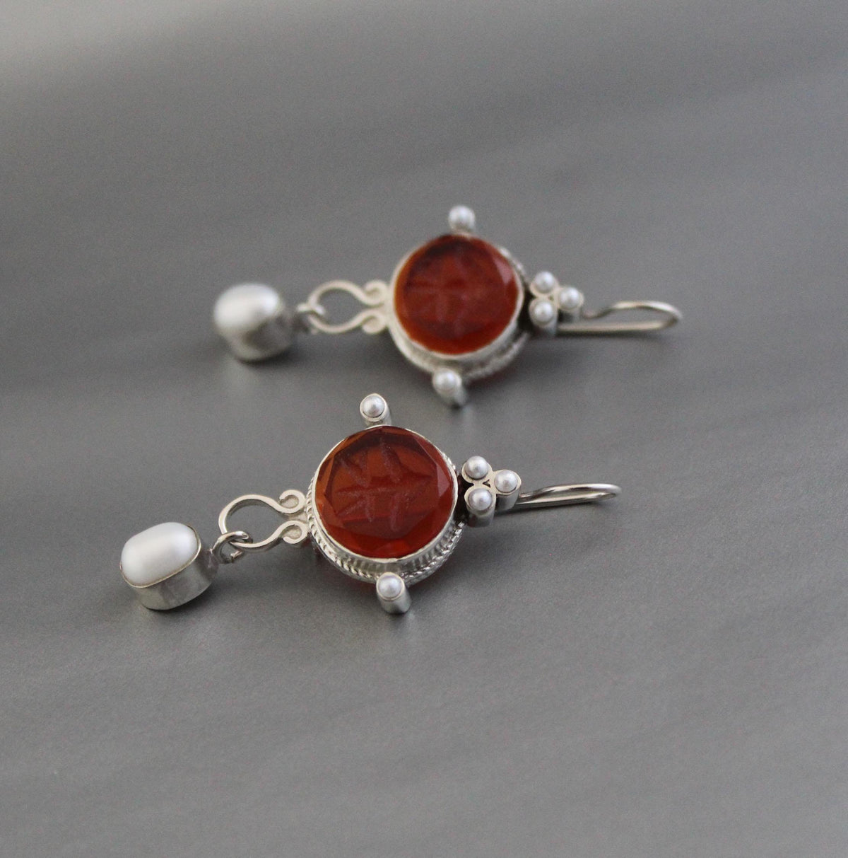 Red Fleur-de-lis Intaglio Earrings, Victorian Pearl Drops, photo 6