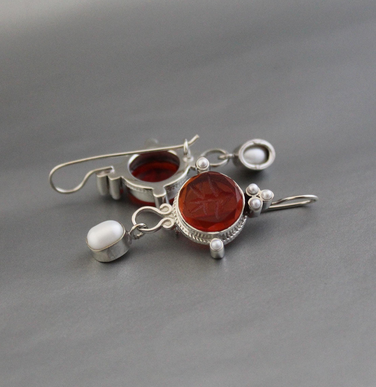 Red Fleur-de-lis Intaglio Earrings, Victorian Pearl Drops, photo 2
