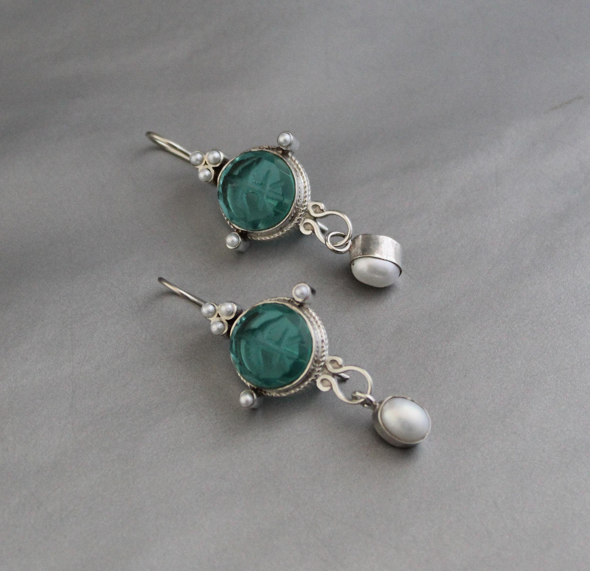 Green Glass Intaglio Chandelier Earrings, Art Deco Style, 925 Sterling Silver, photo 8