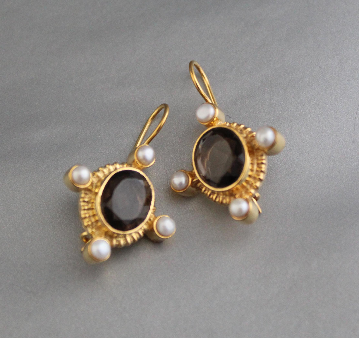 Smokey Quartz Intaglio Earrings, Victorian Style, Gold and Pearl, photo 4
