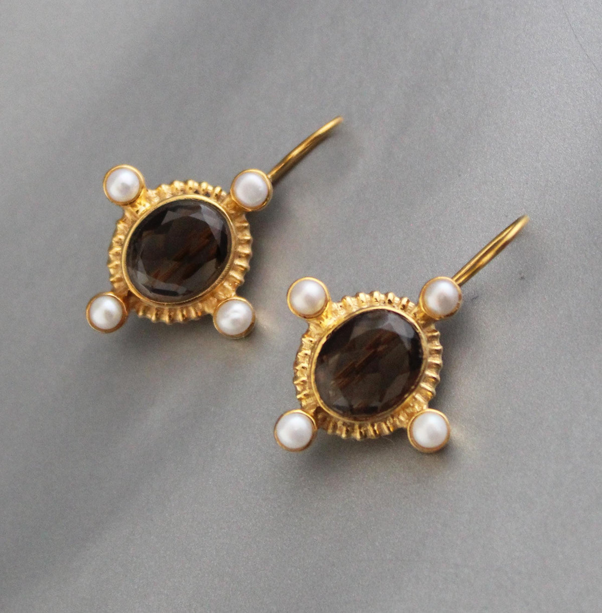 Smokey Quartz Intaglio Earrings, Victorian Style, Gold and Pearl, photo 5