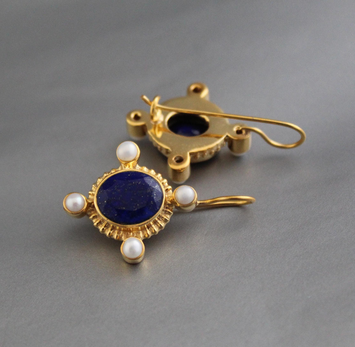 Lapis Lazuli Intaglio Earrings, Victorian Style, Gold and Pearl, photo 2