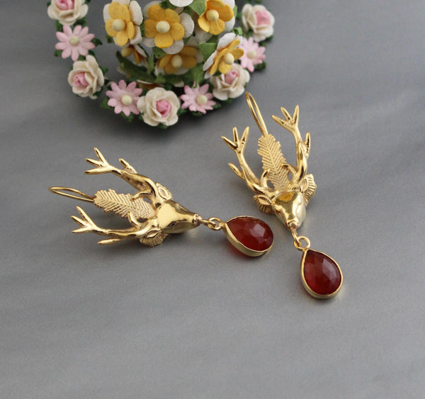 Carnelian Stag Head Intaglio Earrings, Victorian Gold