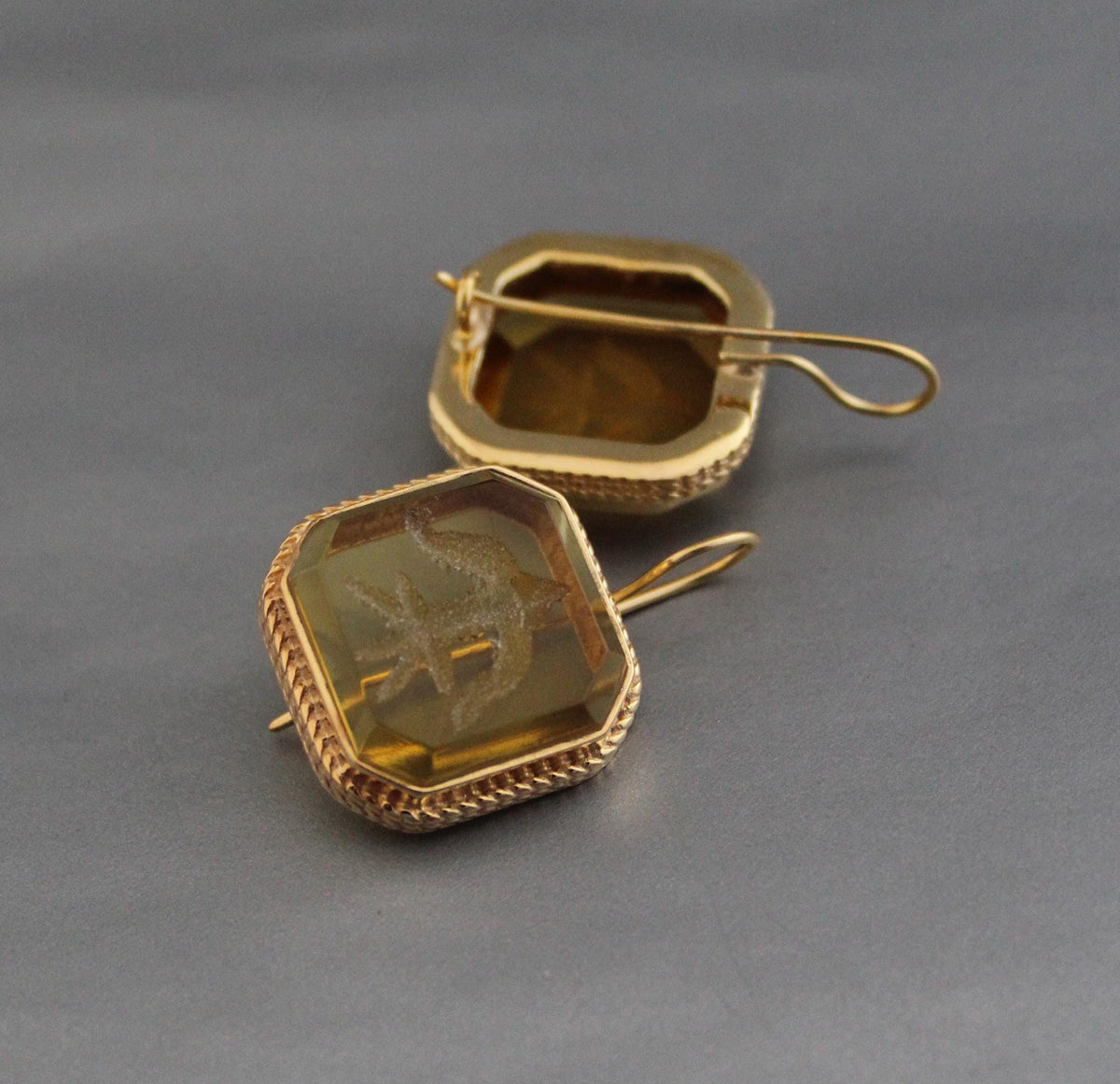 Yellow Glass Intaglio Earrings, Victorian Cameo Style, 18K Gold, photo 8