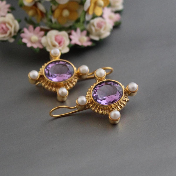 Amethyst Intaglio Earrings, Victorian Style with Pearls
