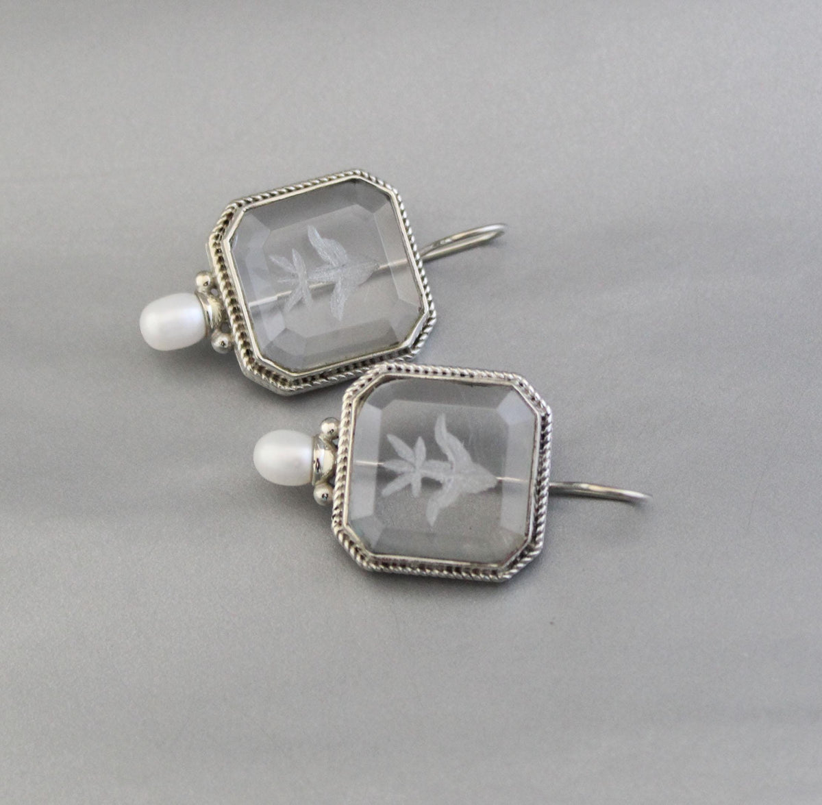 Intaglio Crystal Earrings, Victorian Bridal Pearls, 925 Silver, photo 4