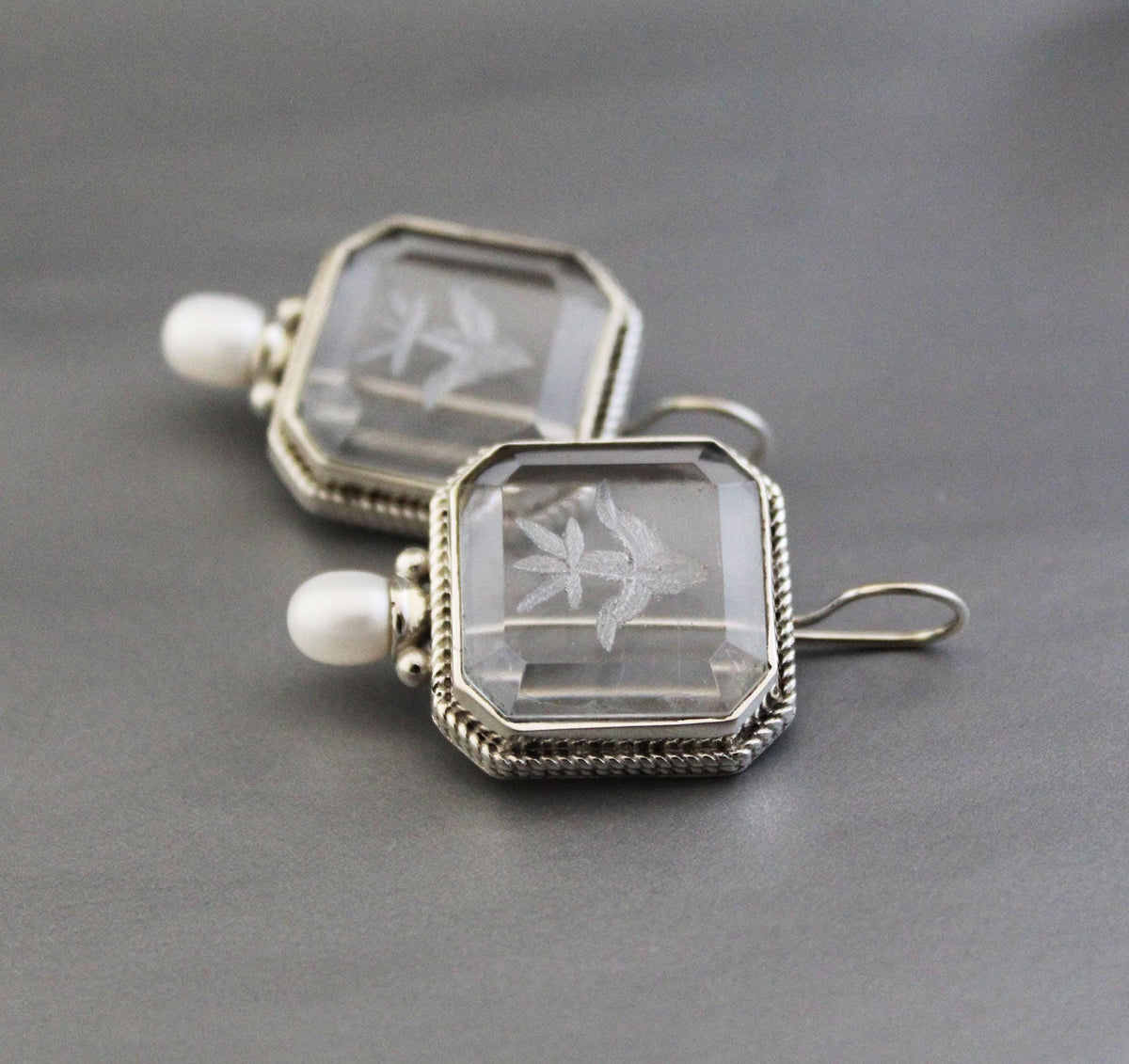 Intaglio Crystal Earrings, Victorian Bridal Pearls, 925 Silver, photo 10