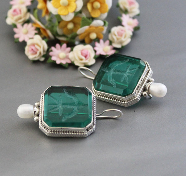 Green Glass Intaglio Earrings, Ancient Roman Style, 925 Sterling Silver