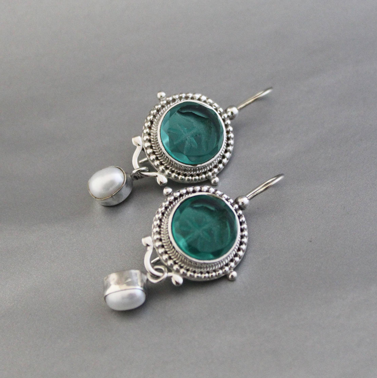 Green Intaglio Glass Earrings, Vintage Style, 925 Sterling Silver, photo 5