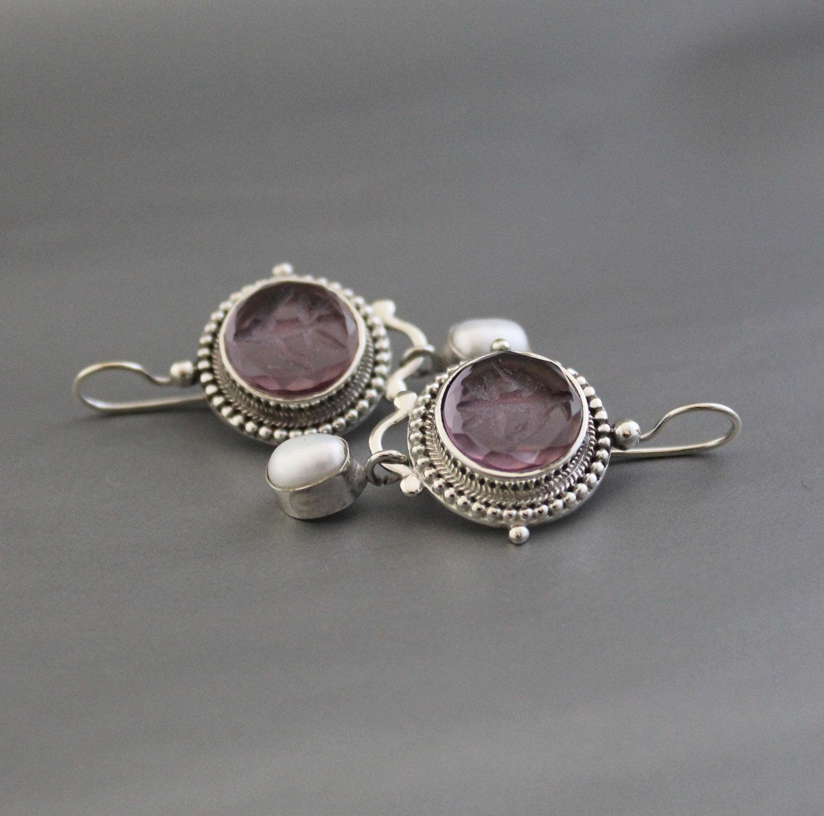 Purple Intaglio Earrings, Grand Tour Art Deco Style, 925 Sterling Silver, photo 6