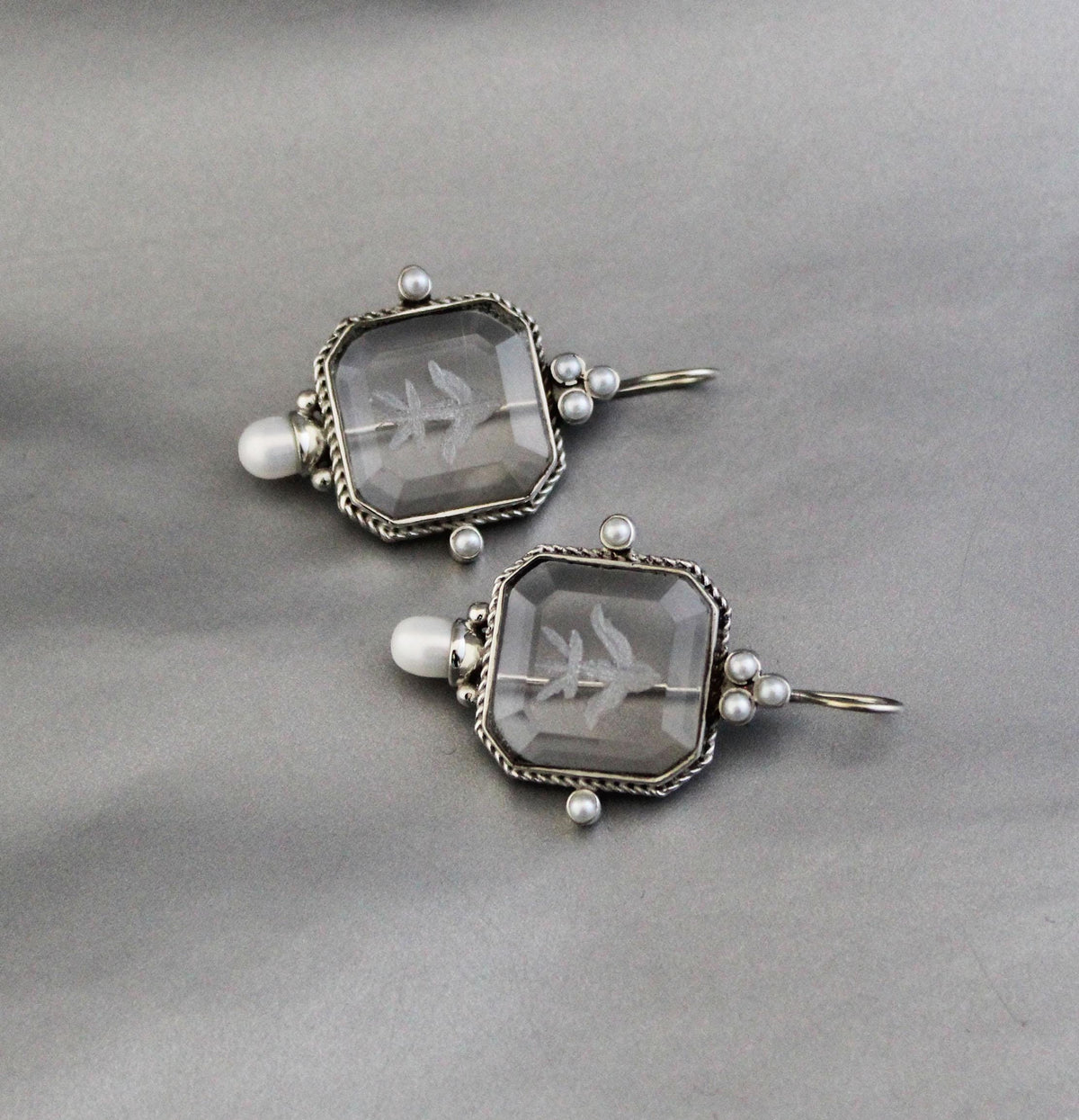 Clear Square Intaglio Earrings, Vintage Bridal Style, Gold Plated, photo 10