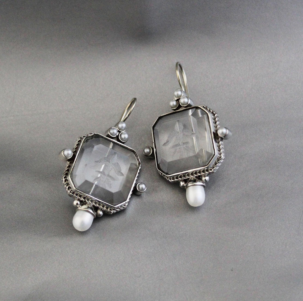 Clear Square Intaglio Earrings, Vintage Bridal Style, Gold Plated, photo 6