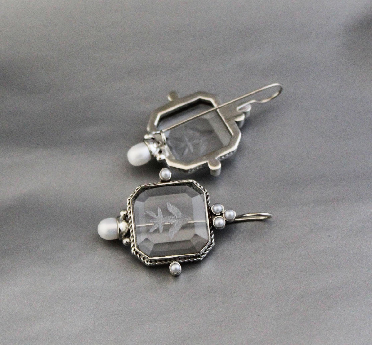 Clear Square Intaglio Earrings, Vintage Bridal Style, Gold Plated, photo 2