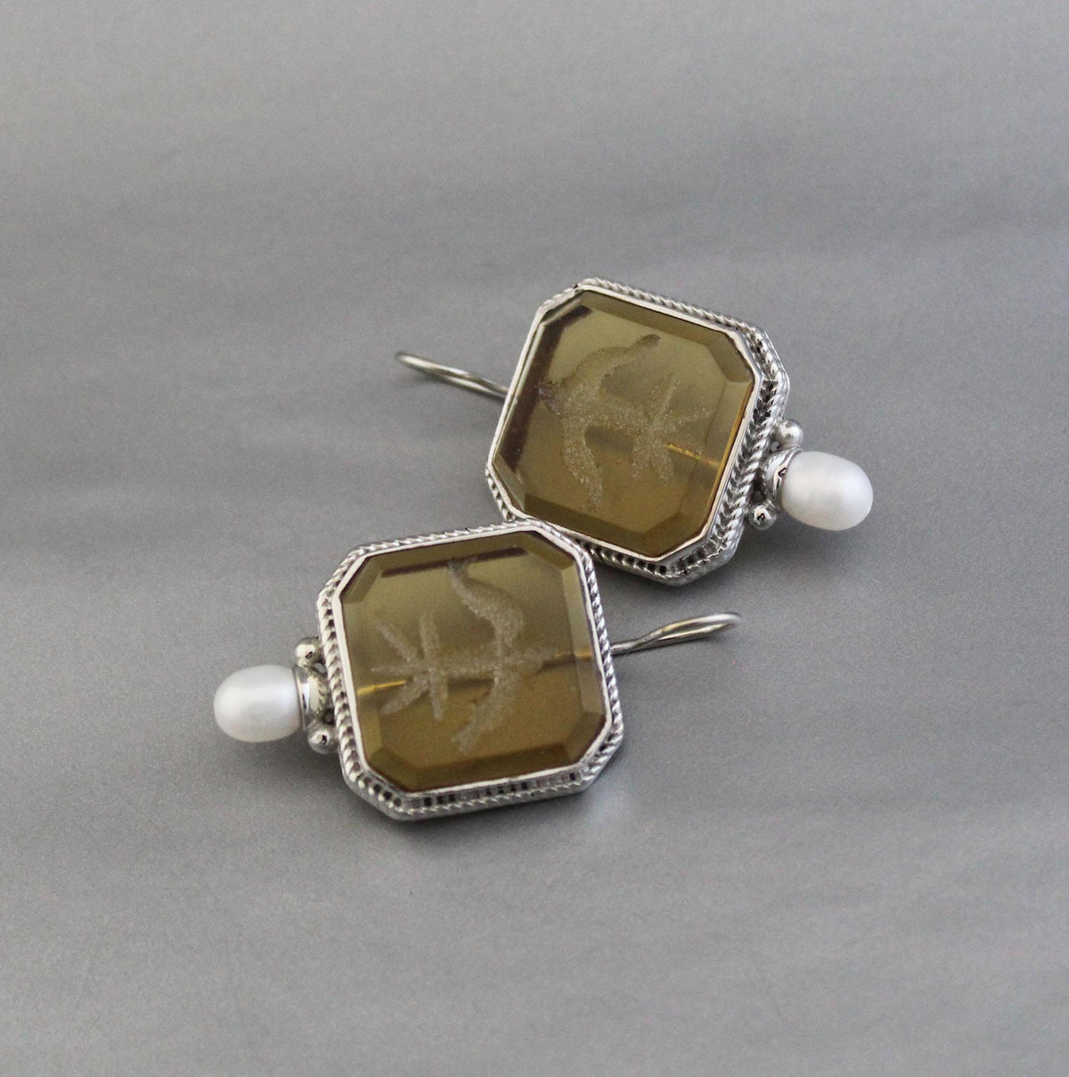 Yellow Glass Intaglio Earrings, Victorian Style, Brass, photo 8