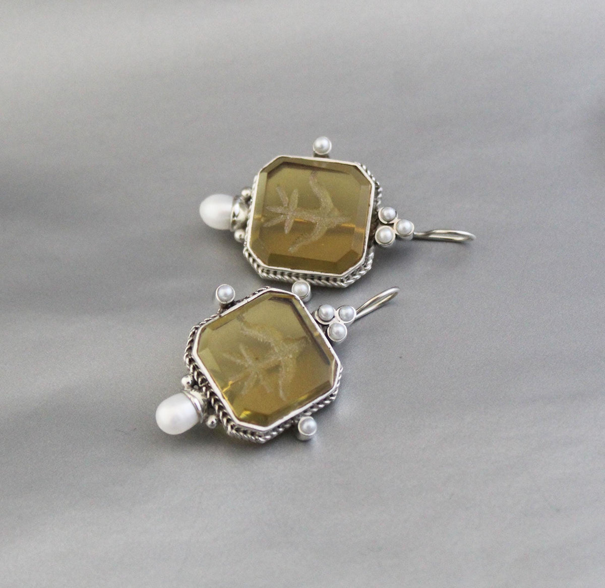 Yellow Glass Intaglio Earrings, Grand Tour Art Deco Style, photo 4