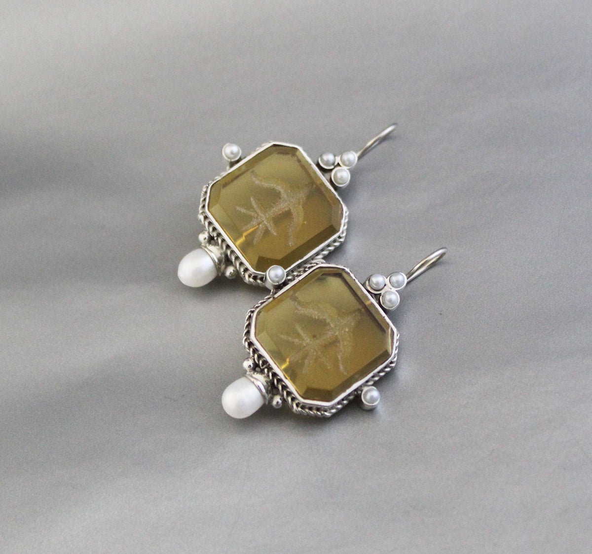 Yellow Glass Intaglio Earrings, Grand Tour Art Deco Style, photo 5
