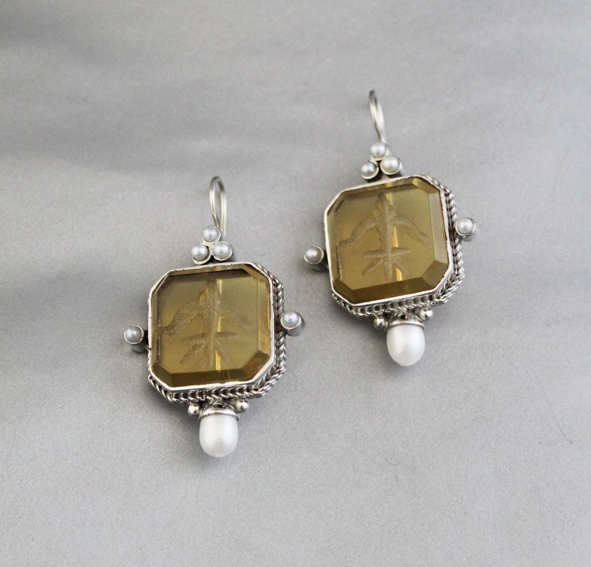 Yellow Glass Intaglio Earrings, Grand Tour Art Deco Style, photo 9