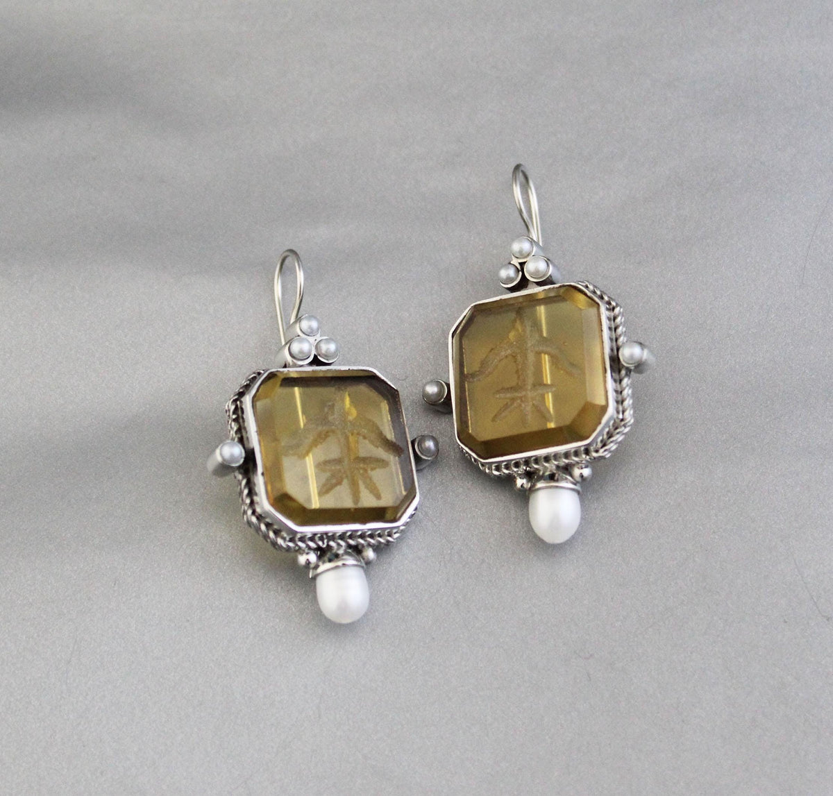 Yellow Glass Intaglio Earrings, Grand Tour Art Deco Style, photo 8