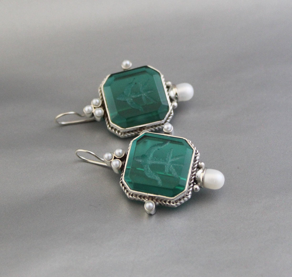 Green Intaglio Earrings, Vintage Style, 925 Sterling Silver, photo 5
