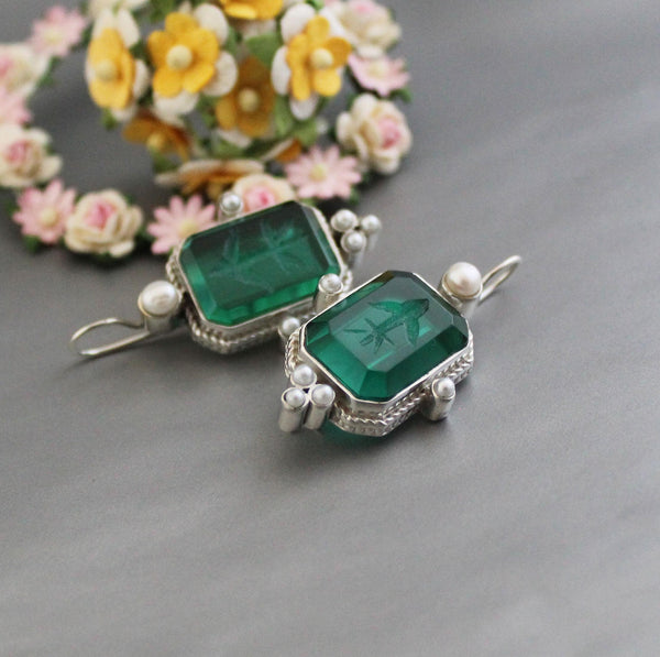Green Glass Intaglio Earrings, Victorian Art Deco, 925 Sterling Silver