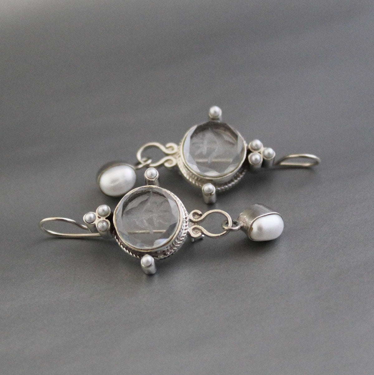 Crystal Quartz Intaglio Earrings, Glass Cameo, 925 Sterling Silver
