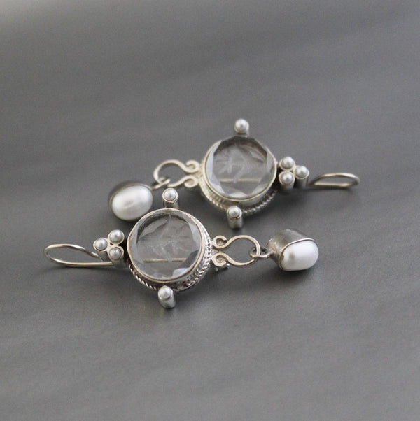 Crystal Quartz Intaglio Earrings, Glass Cameo, 925 Sterling Silver