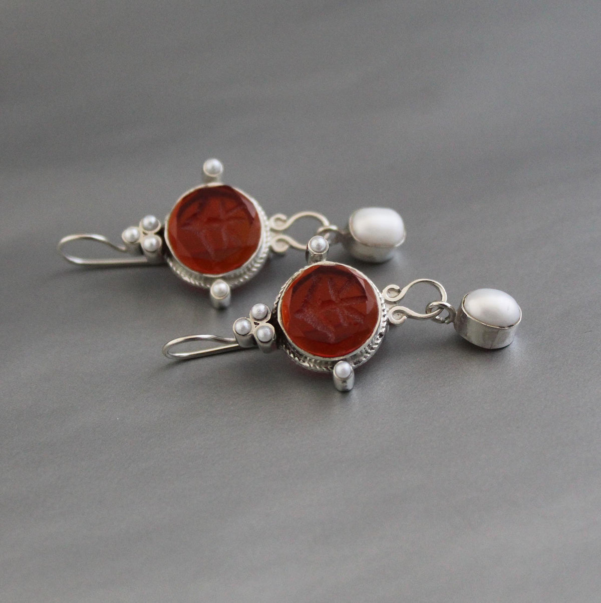 Red Fleur-de-lis Intaglio Earrings, Victorian Pearl Drops, photo 9