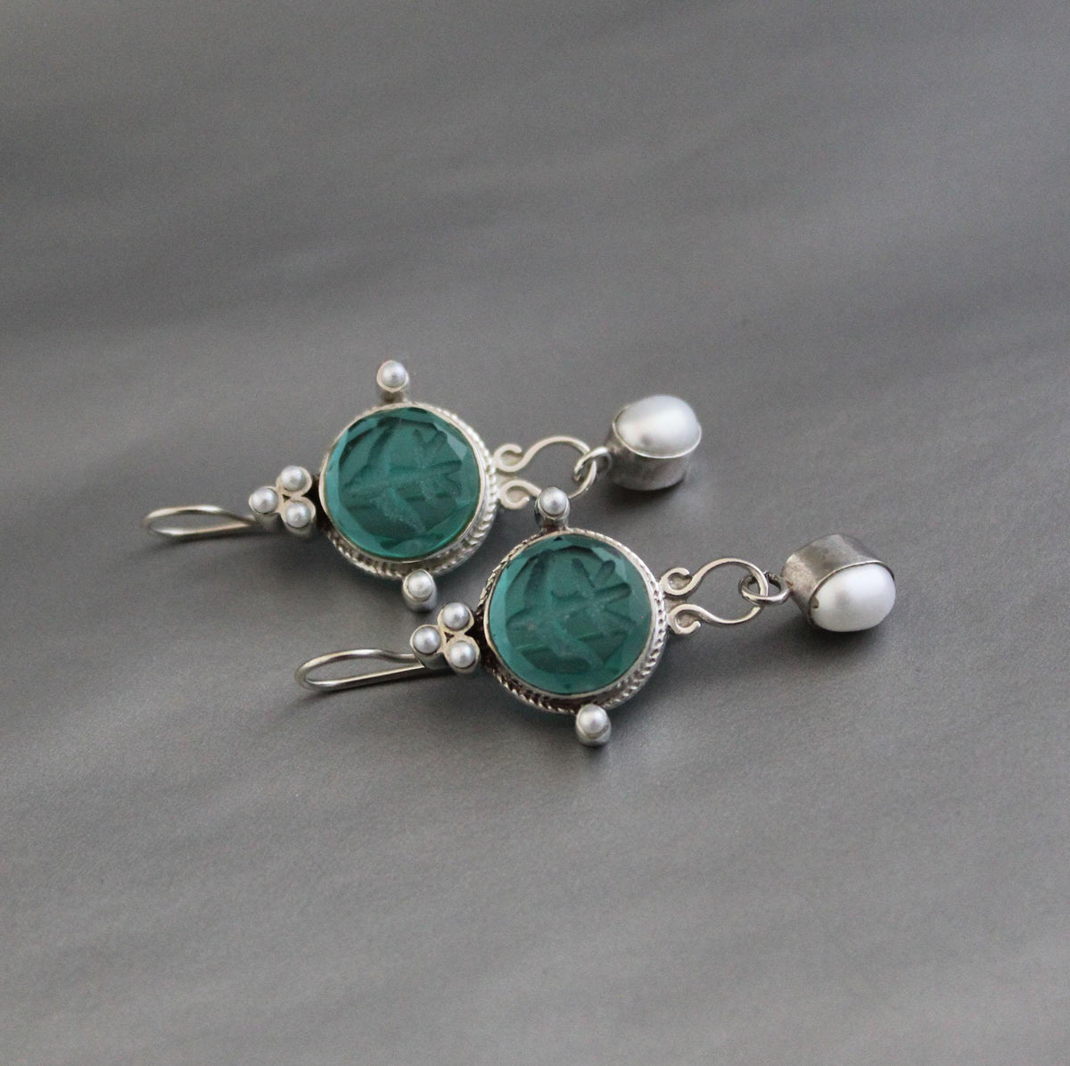 Green Glass Intaglio Chandelier Earrings, Art Deco Style, 925 Sterling Silver, photo 6