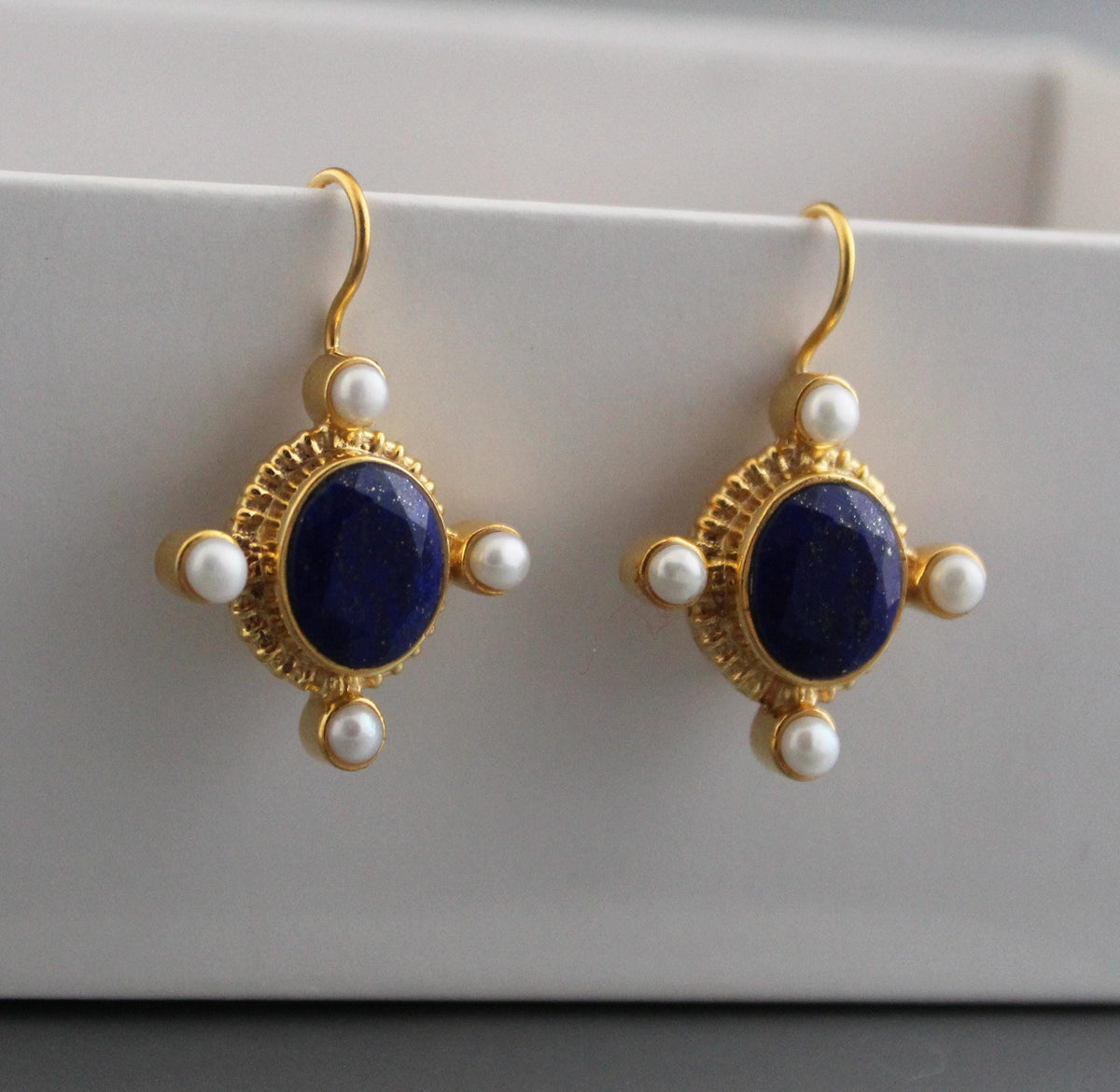 Lapis Lazuli Intaglio Earrings, Victorian Style, Gold and Pearl, photo 10