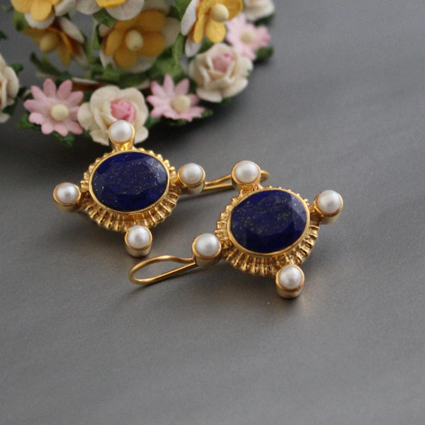 Lapis Lazuli Intaglio Earrings, Victorian Style, Gold and Pearl