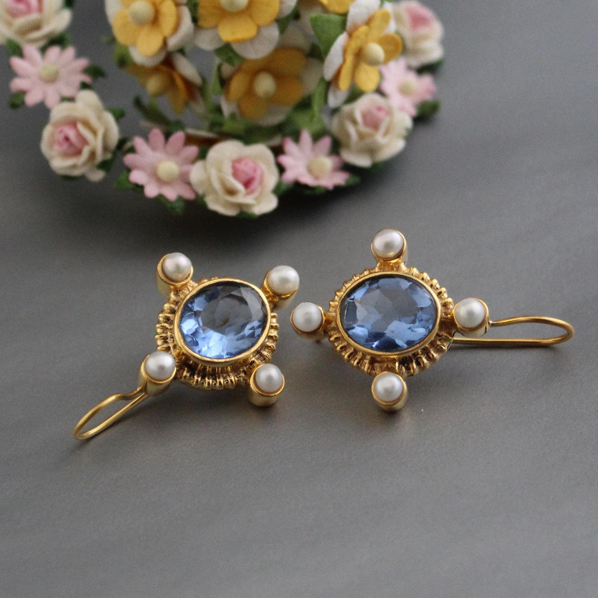 Iolite Intaglio Earrings, Victorian Style with Pearls