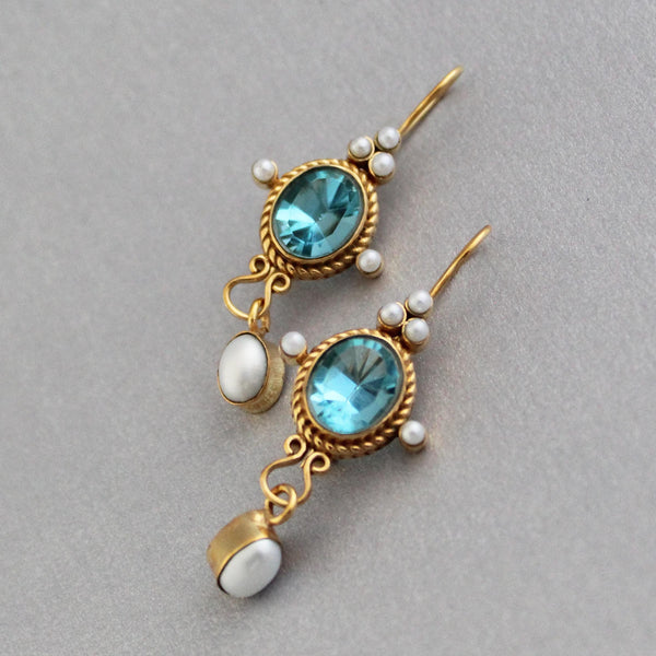 Blue Intaglio Cameo Earrings, Victorian Style, 18K Gold Plated