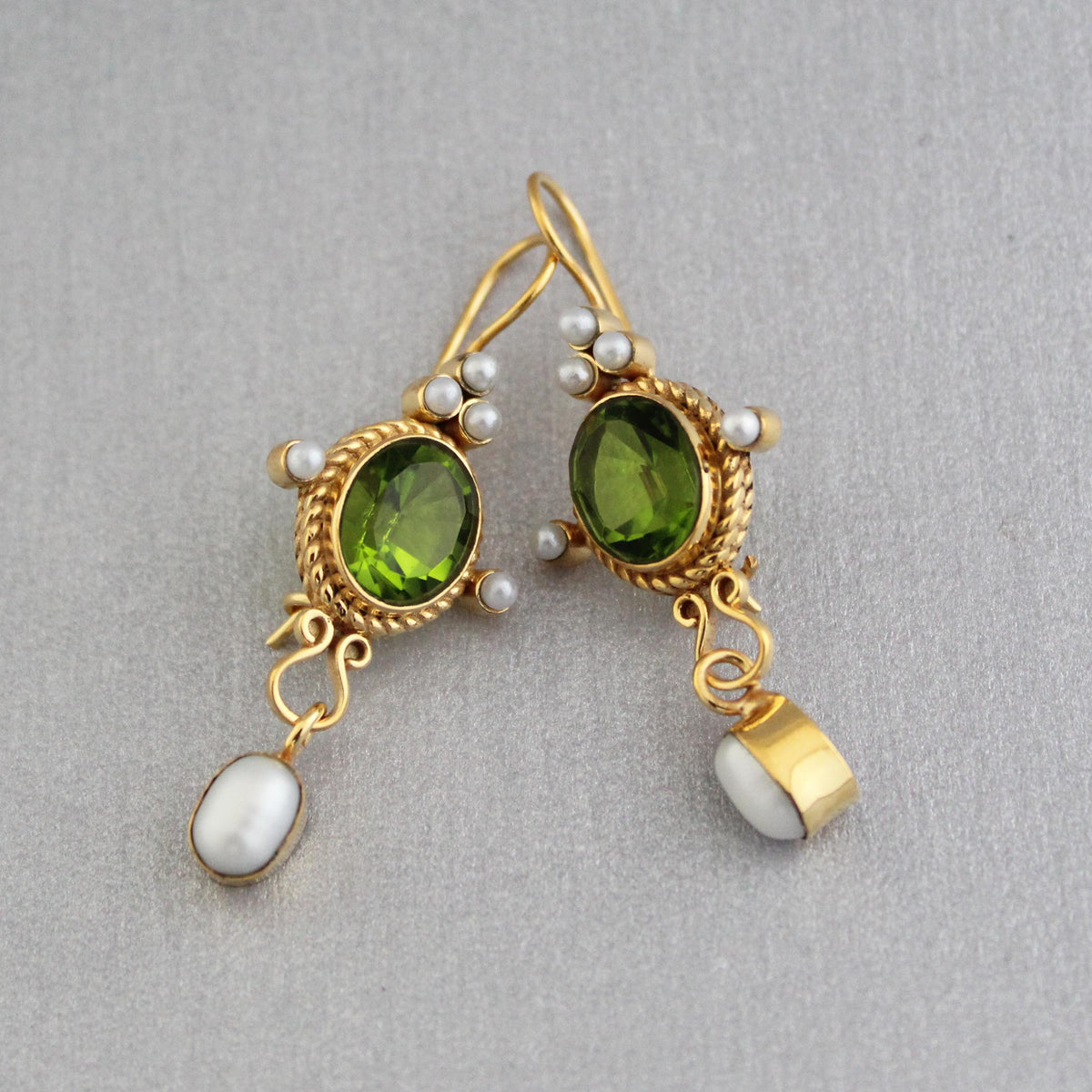 Green Quartz Intaglio Earrings, Art Deco Style, Gold, photo 6