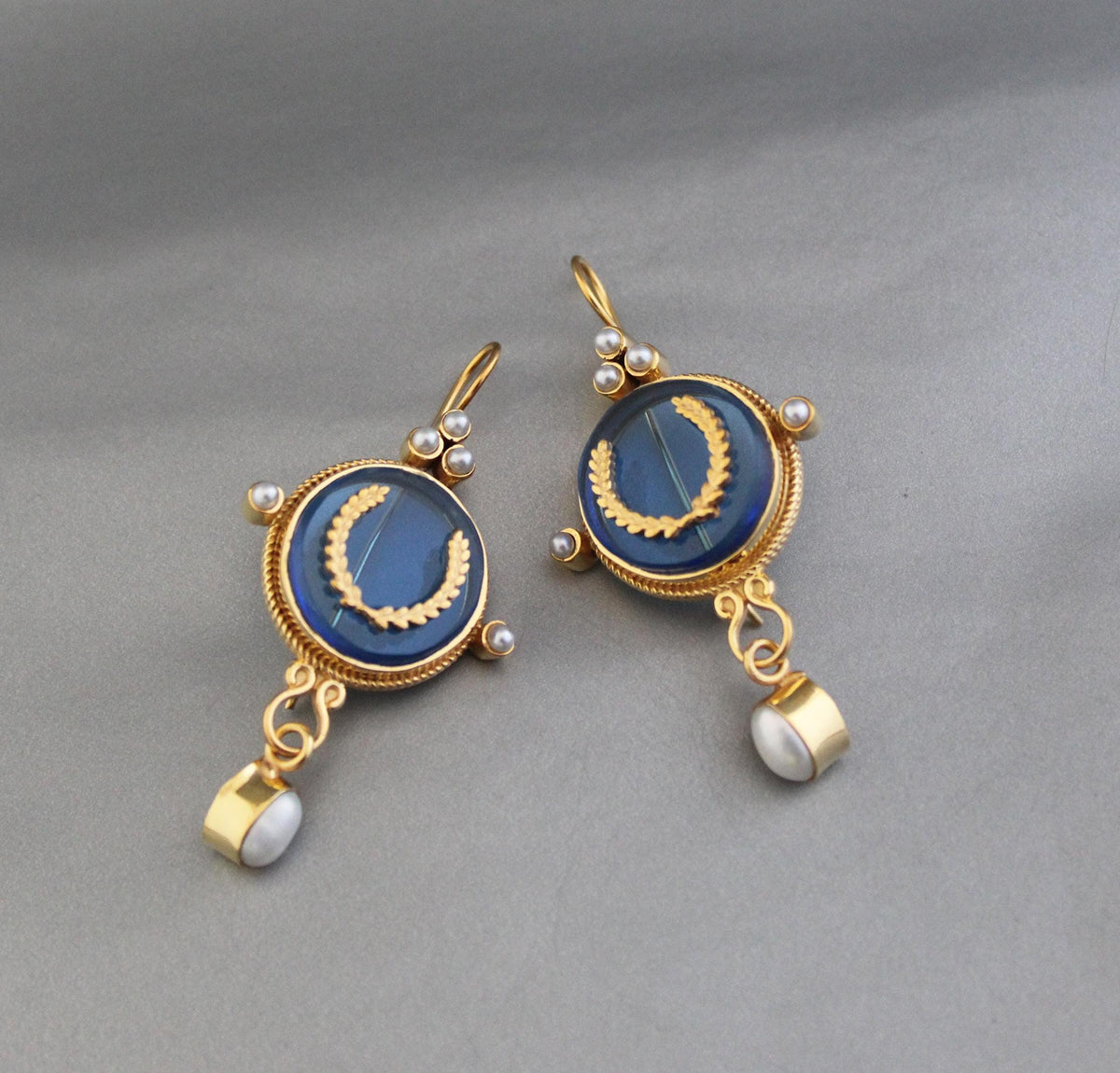 Blue Laurel Intaglio Earrings, Victorian Bridal Pearl Dangles, Gold Plated