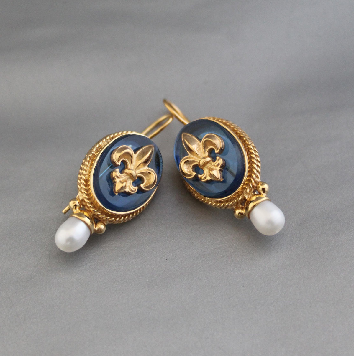 Blue Fleur-de-lis Intaglio Earrings, Victorian Style, 18K Gold Vermeil, photo 2